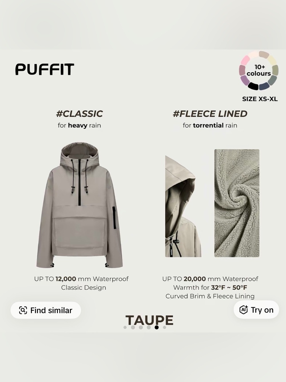 New - Puffit Taupe Waterproof Fleece-Lined Pullover